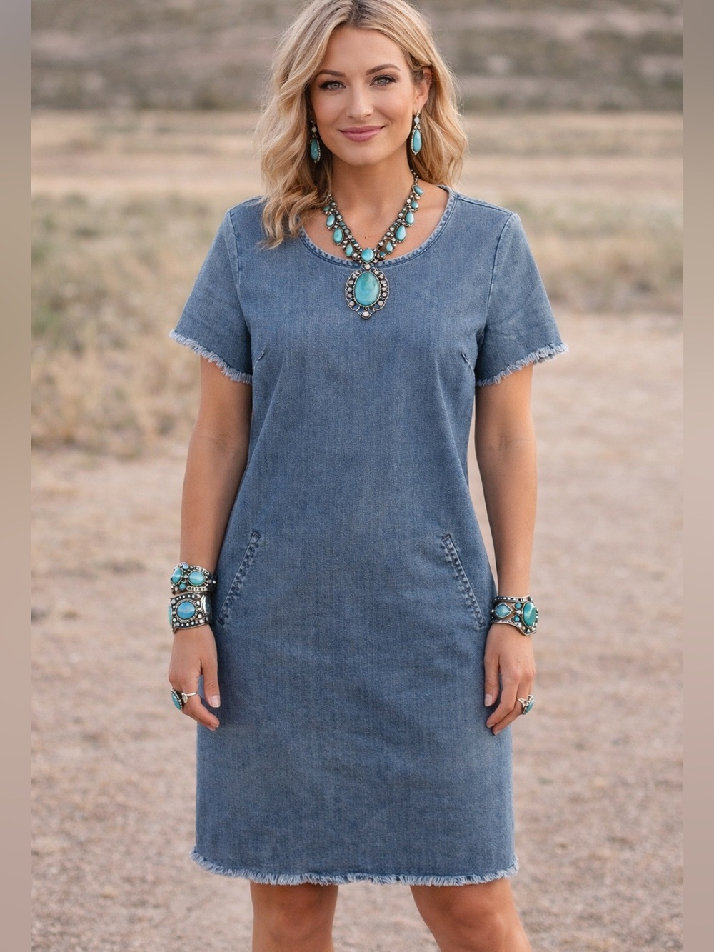 Classic Short-Sleeve frayed hem Denim Shift Dress - Blue size 10